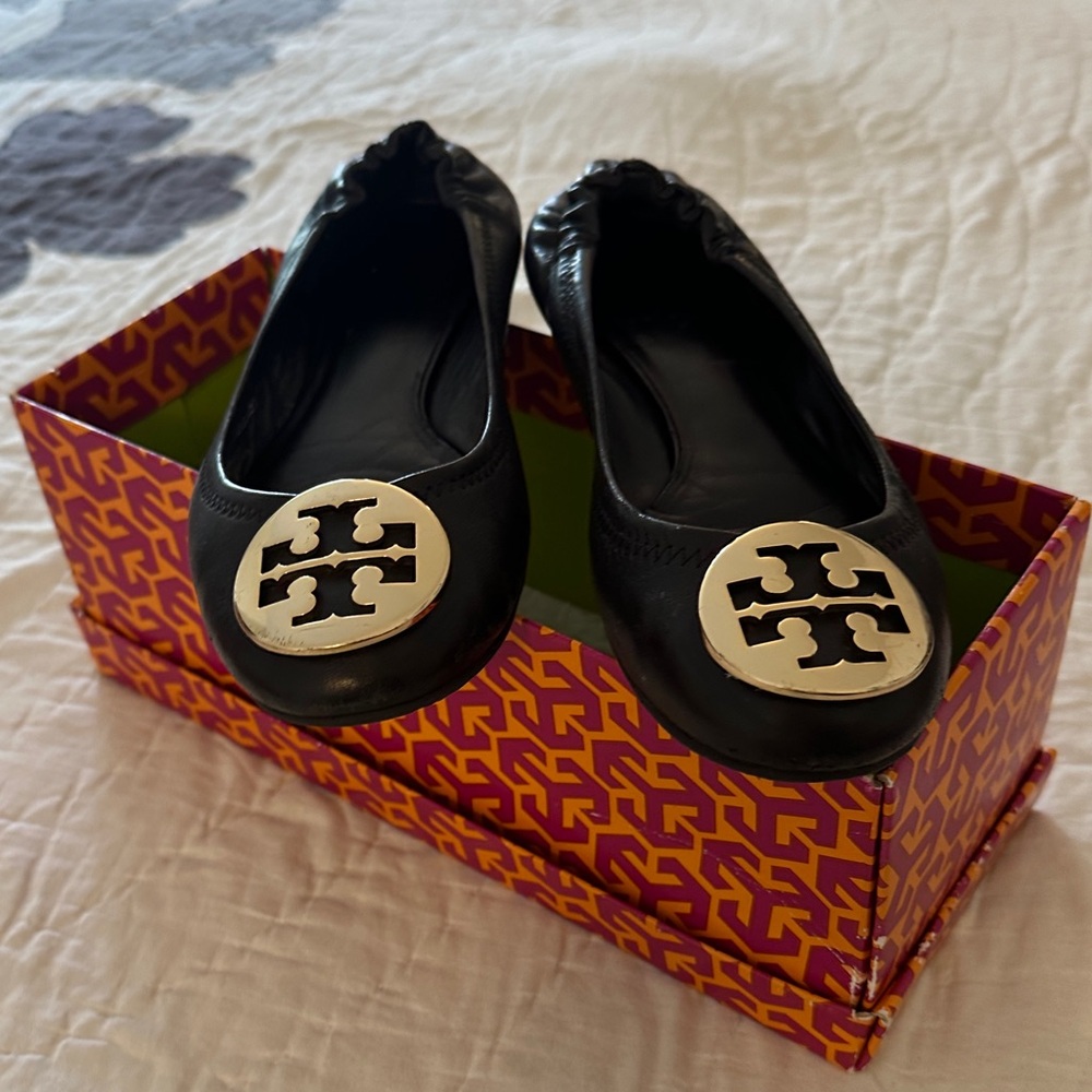 Tory Burch Black Flats with Gold Logo